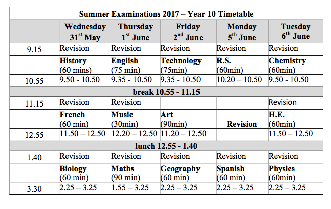 year 10 summer exam timetable