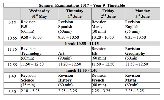 year 9 summer exam timetable